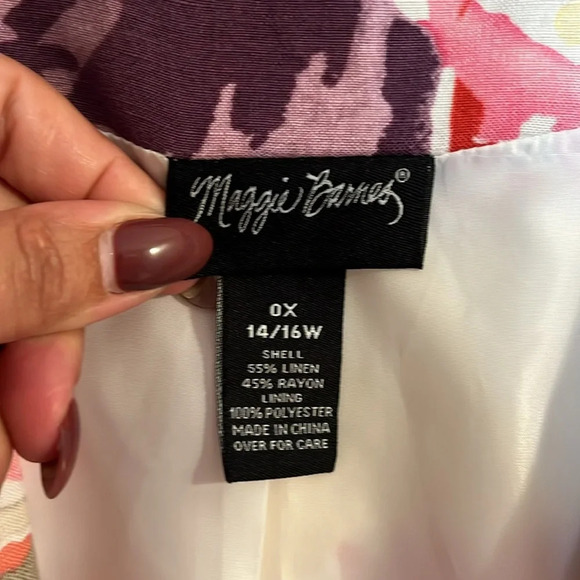 ☀️Maggie Barnes women blazer 0X 14 16 floral linen blend hip  length 3/4 sleeves - Picture 2 of 7